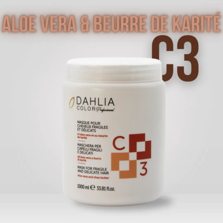 Masque à l'Aloe Vera et au beurre de Karité C3 en contenant blanc sur fond clair—un masque capillaire professionnel abordable offrant un excellent rapport qualité/prix. Dahlia Color Professionnel