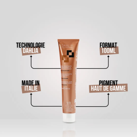 Crème Colorante avec Ammoniaque 100ml, d'origine italienne, contient des pigments premium et une technologie avancée pour mèches—un produit professionnel abordable avec un excellent rapport qualité/prix. Dahlia Color Professionnel