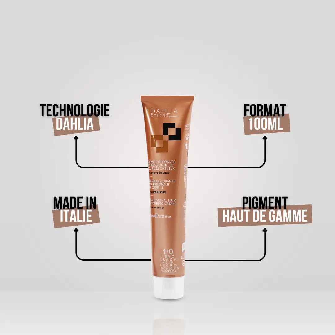 Crème Colorante avec Ammoniaque 100ml, d'origine italienne, contient des pigments premium et une technologie avancée pour mèches—un produit professionnel abordable avec un excellent rapport qualité/prix. Dahlia Color Professionnel