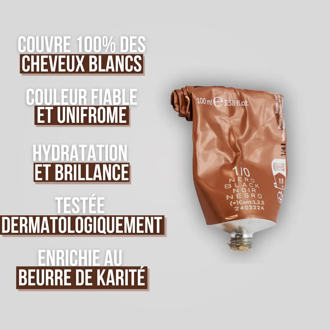 Crème Colorante avec Ammoniaque tube 100ml pour cheveux bruns, avec texte en français sur ses bienfaits et ingrédients sur fond gris—le produit de coiffure professionnel idéal à petit prix et excellent rapport qualité/prix. Dahlia Color Professionnel