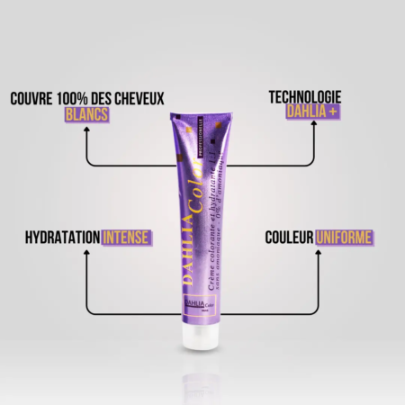 Tube violet de Crème Colorante sans Ammoniaque 100 ml avec texte français soulignant la couvrance, l'hydratation, la technologie de pointe et la couleur uniforme - un excellent rapport qualité-prix pour un produit capillaire professionnel abordable. Dahlia Color Professionnel