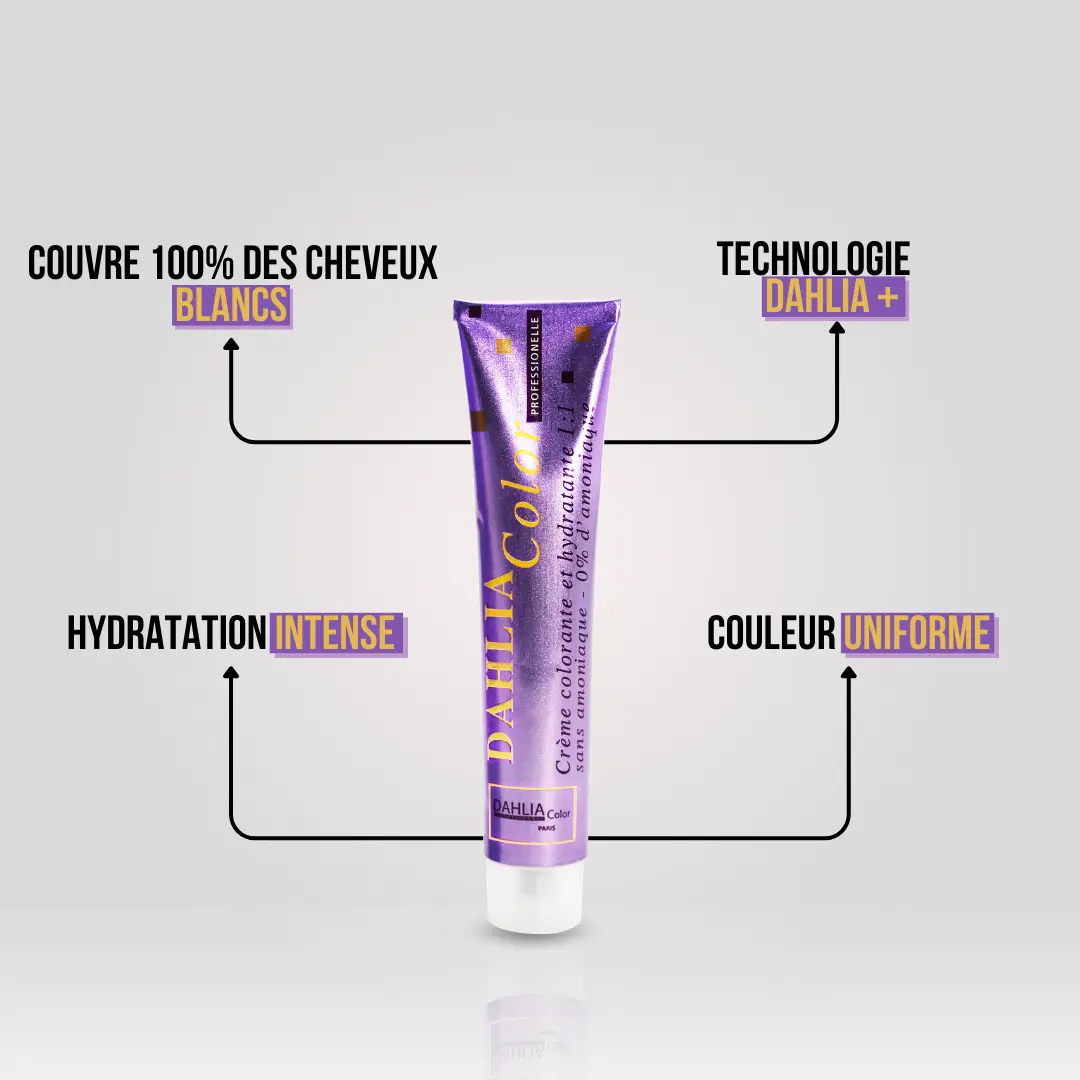 Tube violet de Crème Colorante sans Ammoniaque 100 ml avec texte français soulignant la couvrance, l'hydratation, la technologie de pointe et la couleur uniforme - un excellent rapport qualité-prix pour un produit capillaire professionnel abordable. Dahlia Color Professionnel