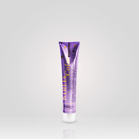 Tube violet de Crème Colorante sans Ammoniaque 100ml, réputée pour son excellent rapport qualité/prix, debout sur fond gris clair—un produit de coiffure professionnel abordable. Dahlia Color Professionnel