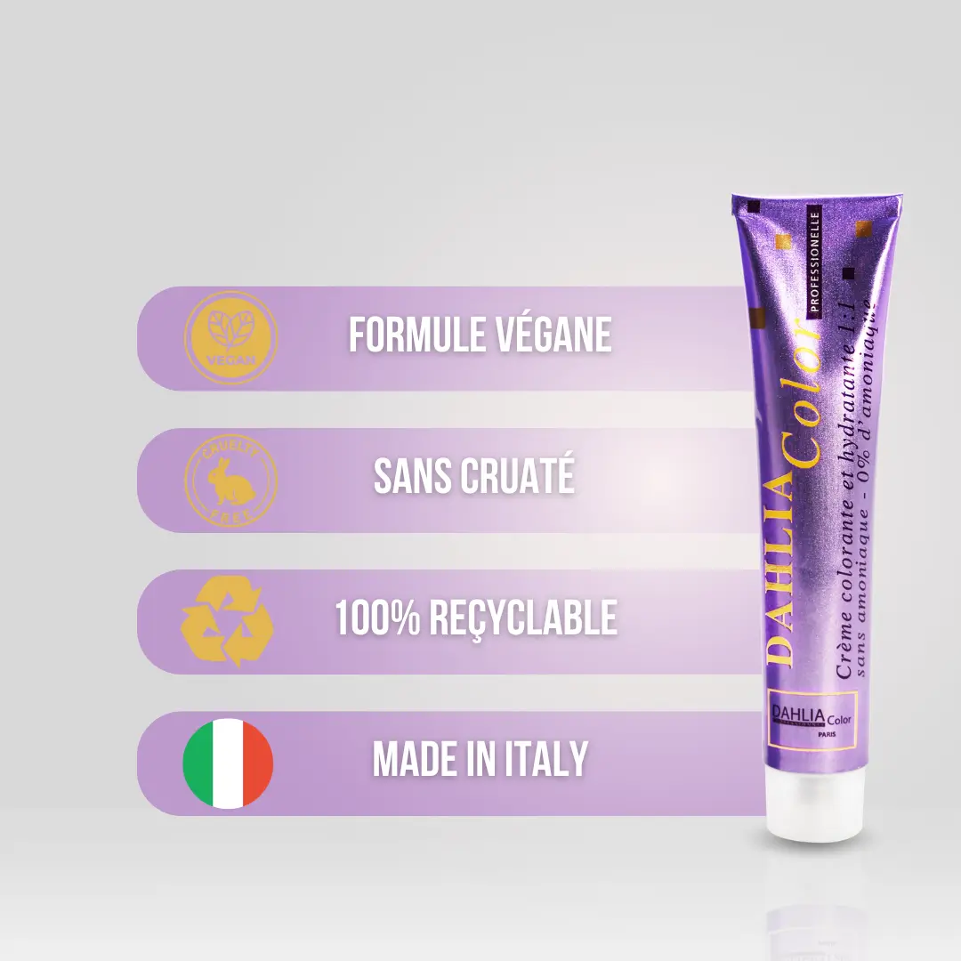 Tube violet de Crème Colorante sans Ammoniaque 100 ml à côté d'icônes végétaliennes, sans cruauté envers les animaux, recyclables et fabriquées en Italie, offrant un excellent rapport qualité/prix pour un produit de coiffure professionnel abordable. Dahlia Color Professionnel