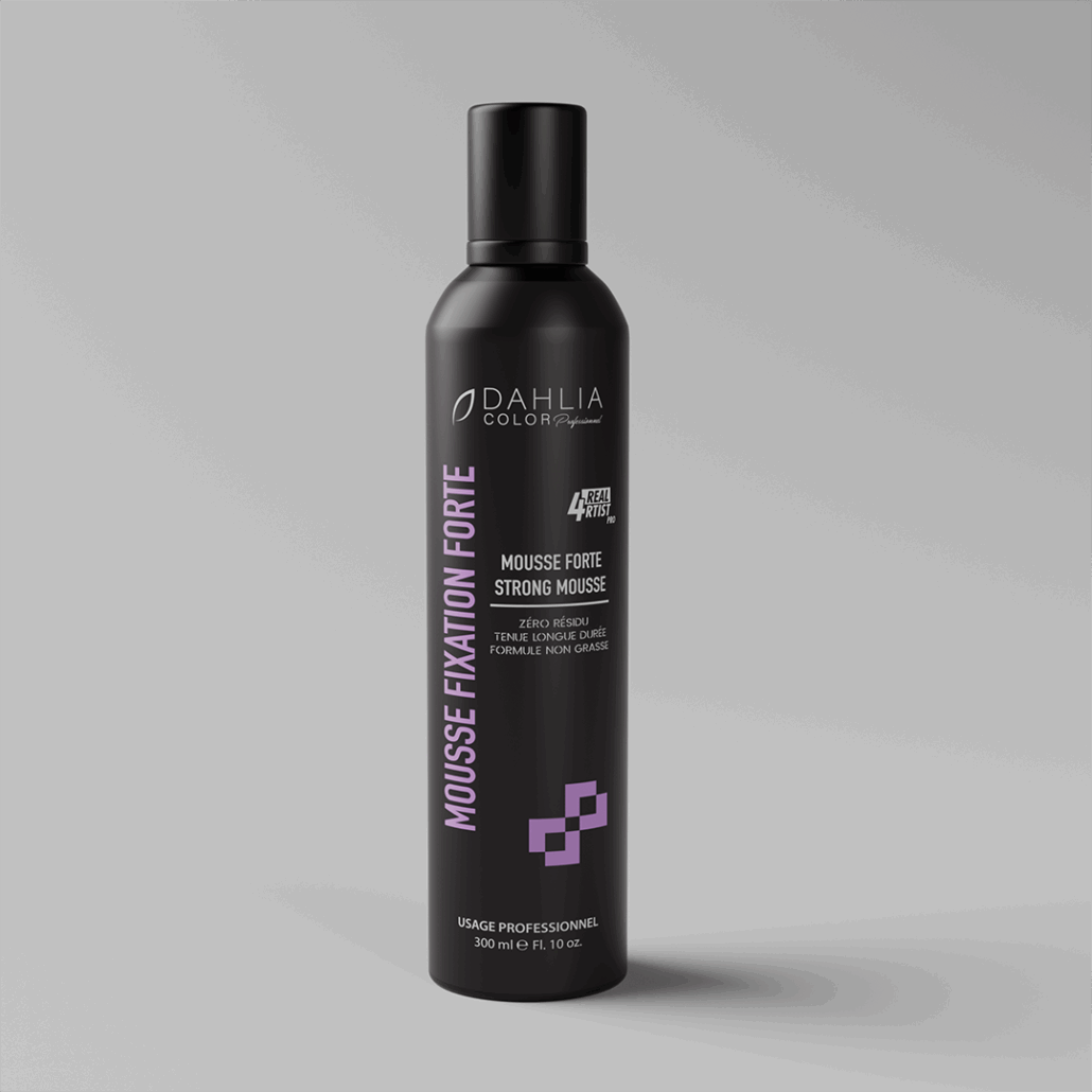 Un bidon noir de Mousse fixation forte 300 ml se détache sur un fond gris uni. Dahlia Color Professionnel