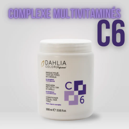 Pot blanc de Masque au Complexe Multivitaminé C6 avec texte violet et motif géométrique, pour tous types de cheveux — un produit de coiffure professionnel pas cher offrant un excellent rapport qualité/prix. Dahlia Color Professionnel