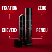 Deux boîtes de Laque spray 500 ml sur fond rouge avec un texte français en gras mettant en valeur ses caractéristiques. Dahlia Color Professionnel