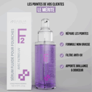 Un flacon et une boîte de Sérum Fluide aux Graines de Lin F2 avec un texte en français décrivant ses bienfaits pour le soin des cheveux sur un fond clair. Dahlia Color Professionnel