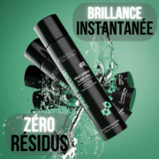 Quatre bombes noires de laque Spray Brillant 300 ml avec eau d'éclaboussure, portant les mentions "Brillance instantanée" et "Zéro résidu". Dahlia Color Professionnel