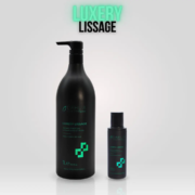 Deux flacons noirs étiquetés « Luxery Lissage Tanino Protein » aux accents verts, en grand et petit format, sont exposés sur fond clair – un produit de coiffure professionnel pas cher élégant offrant un excellent rapport qualité/prix. Dahlia Color Professionnel