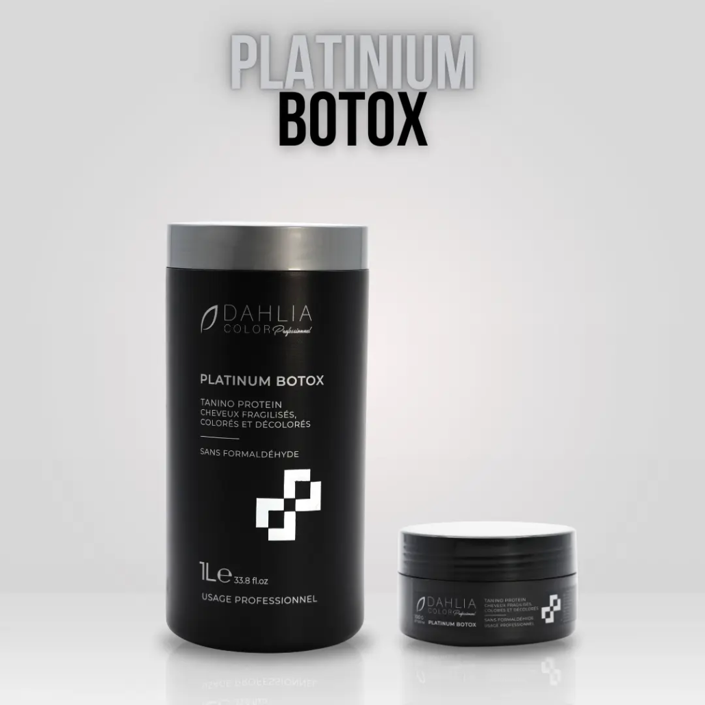 Deux contenants noirs étiquetés « Platinum Botox » de Dahlia Color, un produit de soin capillaire professionnel à un prix abordable, sont présentés sur un fond clair, soulignant l'accent mis par la marque sur la qualité et la valeur. Dahlia Color Professionnel