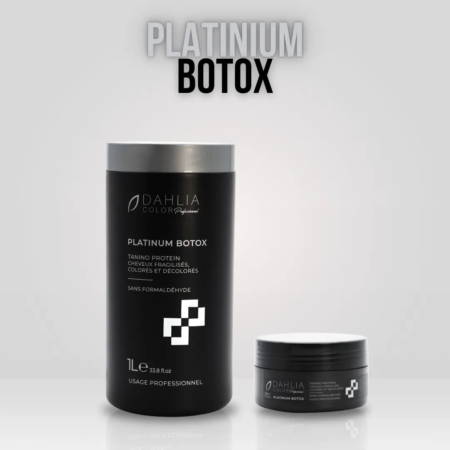 Deux contenants noirs étiquetés « Platinum Botox » de Dahlia Color, un produit de soin capillaire professionnel à un prix abordable, sont présentés sur un fond clair, soulignant l'accent mis par la marque sur la qualité et la valeur. Dahlia Color Professionnel