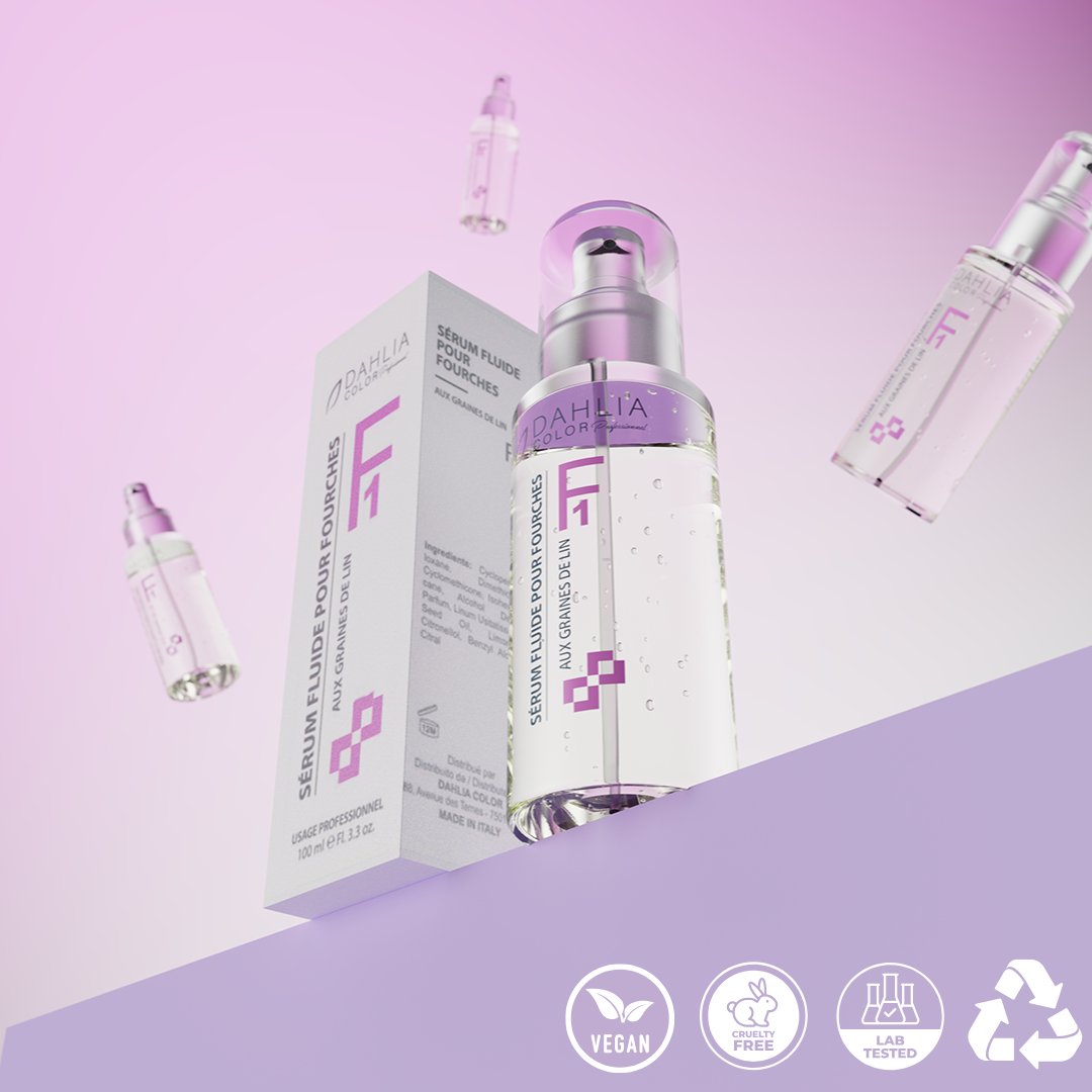 Flacon et boîte de Sérum F1 100 ml sur fond rose-violet, avec les icônes vegan, cruelty-free, lab-tested et recyclable. Dahlia Color Professionnel