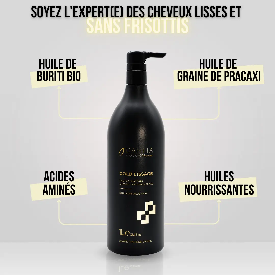 Flacon noir de Gold Lissage Tanino Protein contenant des ingrédients phares : huile de buriti, huile de pracaxi, acides aminés et huiles nourrissantes - un excellent rapport qualité-prix pour un produit capillaire professionnel à un prix abordable. Dahlia Color Professionnel
