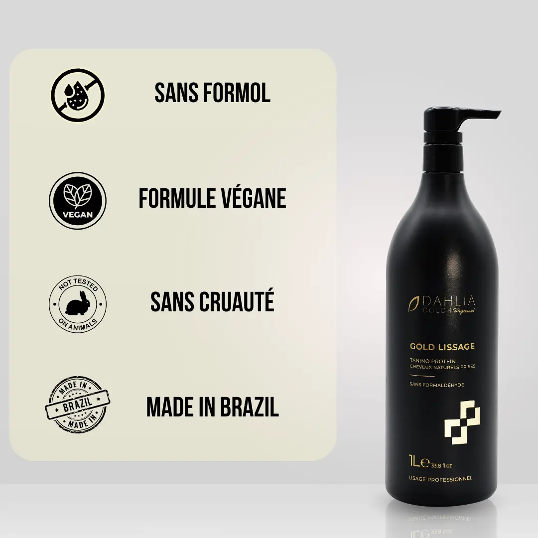 Bouteille noire de Gold Lissage Tanino Protein à côté d'icônes : sans formaldéhyde, végétalien, sans cruauté, fabriqué au Brésil — parfait pour ceux qui recherchent un produit de coiffure professionnel pas cher avec un excellent rapport qualité/prix. Dahlia Color Professionnel