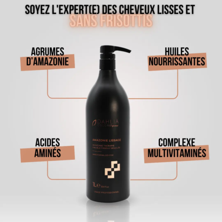 Flacon noir d'Amazonie Thérapie, un produit de soin capillaire professionnel enrichi d'agrumes d'Amazonie, d'huiles nourrissantes, d'acides aminés et de multivitamines pour des résultats époustouflants à un prix abordable. Dahlia Color Professionnel