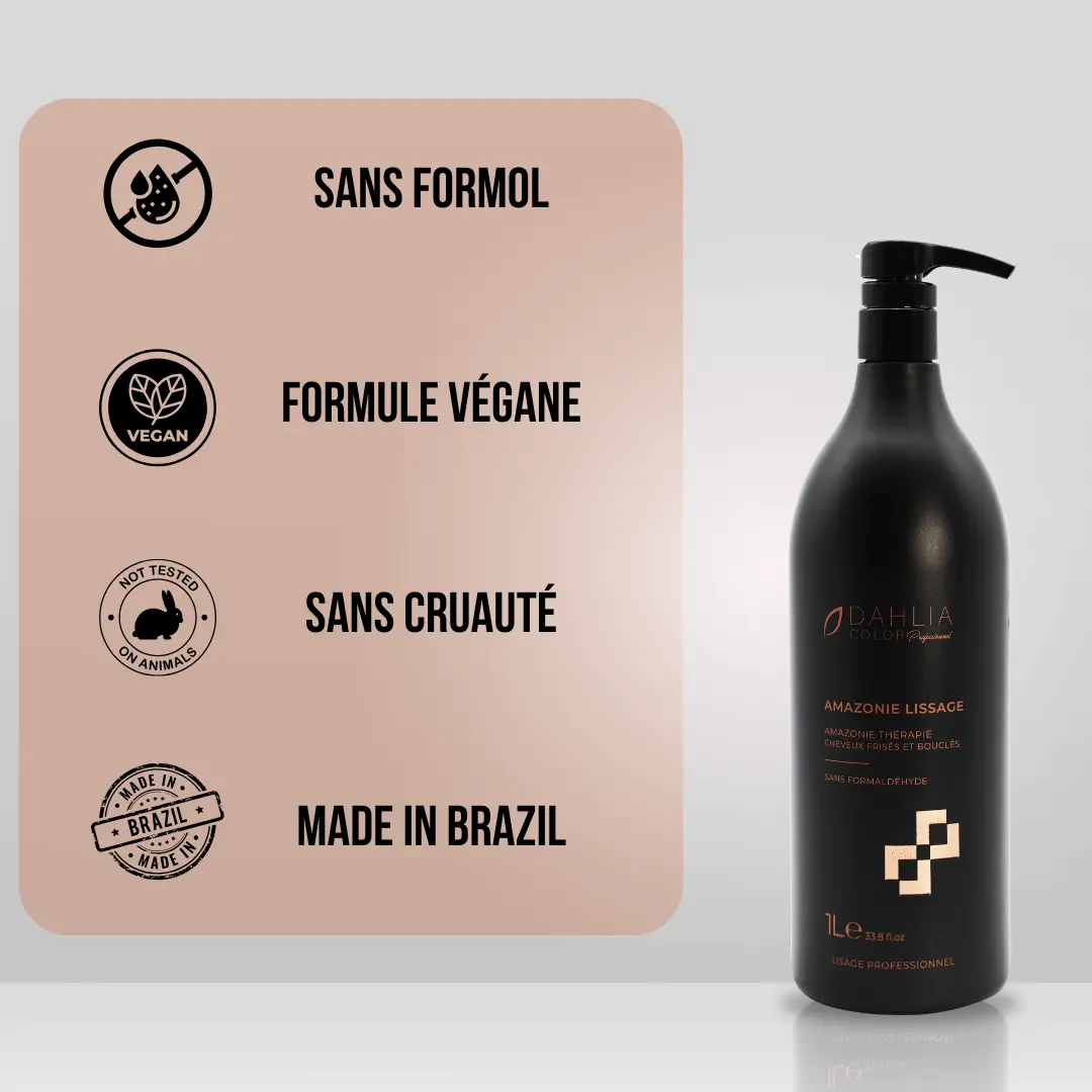 Flacon de produit capillaire Amazonie Thérapie à côté d'une liste de caractéristiques : qualité/prix, sans formaldéhyde, vegan, cruelty-free, produit de coiffure professionnel pas cher, fabriqué au Brésil. Dahlia Color Professionnel