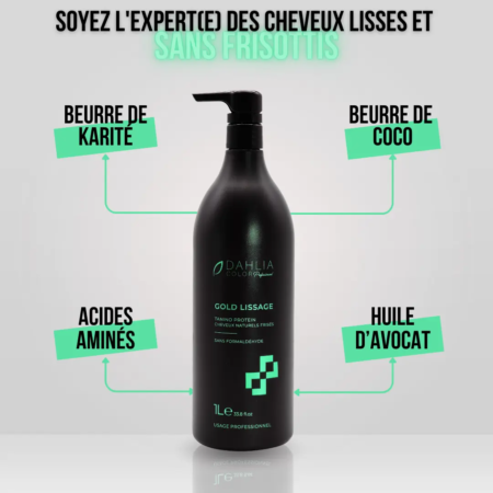 Flacon noir de Luxery Lissage Tanino Protein, contenant du beurre de karité, du beurre de coco, des acides aminés et de l'huile d'avocat. Un produit capillaire professionnel à un prix abordable et un excellent rapport qualité-prix. Dahlia Color Professionnel