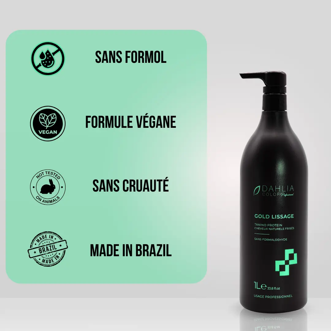 Flacon noir de Luxery Lissage Tanino Protein sur fond vert, avec des icônes sans formaldéhyde, végétalien, sans cruauté et fabriqué au Brésil, offrant un excellent rapport qualité/prix pour un produit de soins capillaires professionnel abordable. Dahlia Color Professionnel