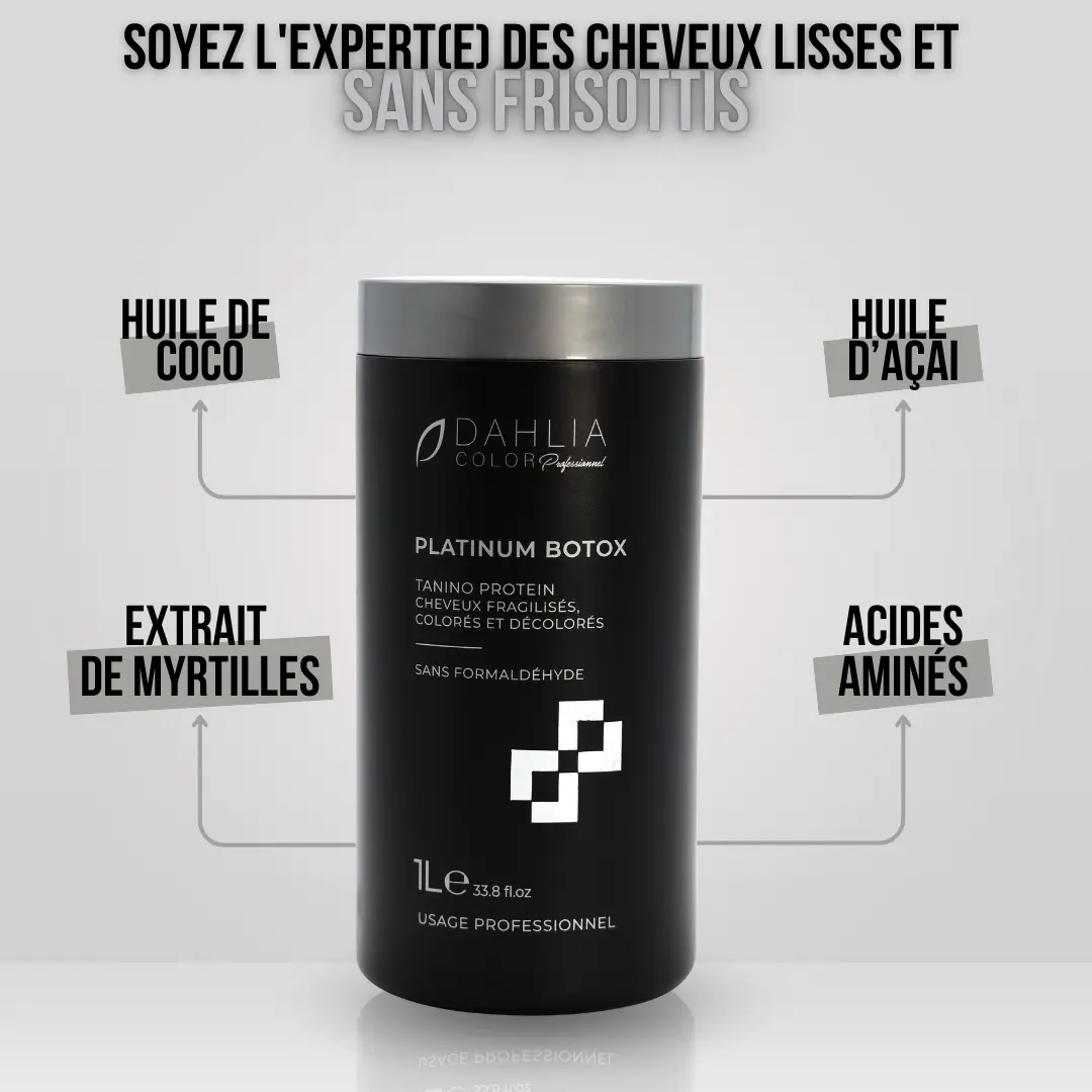 Flacon de produit capillaire noir Platinium Botox avec huile de coco, huile d'açaï, extrait de myrtille et acides aminés pour des résultats dignes d'un salon et un rapport qualité/prix optimal - idéal pour tous ceux qui recherchent un produit de coiffure professionnel pas cher. Dahlia Color Professionnel