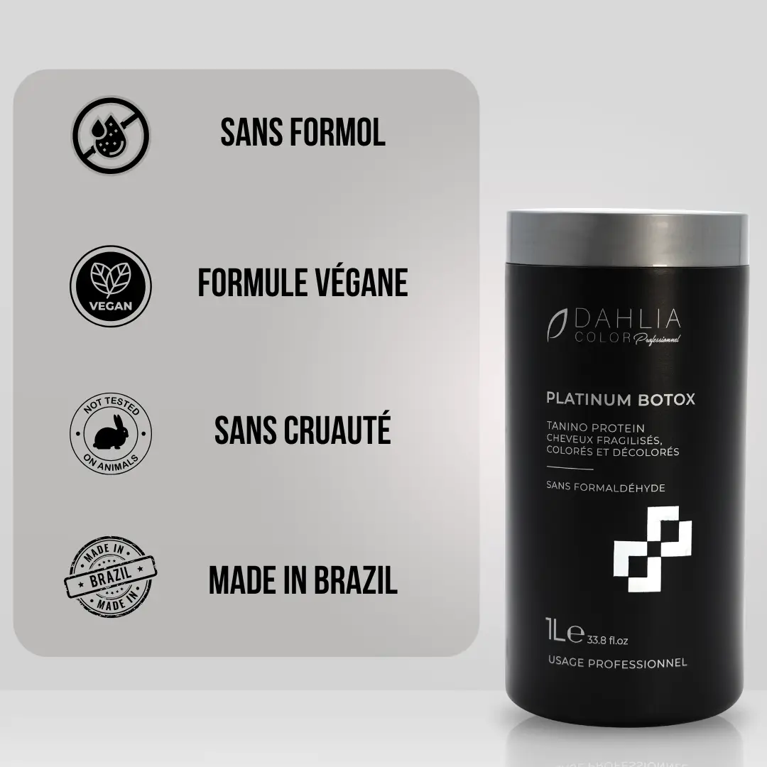 Bouteille noire de Platinium Botox à côté d'icônes et d'un texte en français pour végétalien, sans cruauté, qualité/prix et fabriqué au Brésil — un produit de coiffure professionnel pas cher. Dahlia Color Professionnel