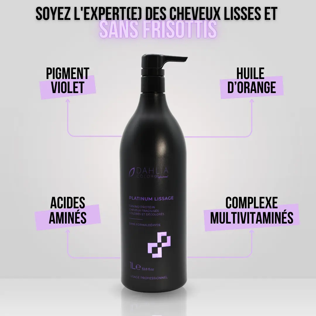 Une bouteille noire de Platinium Lissage Tanino Protein, un produit de soin capillaire professionnel abordable, contenant des ingrédients clés et un texte favorisant des cheveux lisses et sans frisottis et un excellent rapport qualité-prix. Dahlia Color Professionnel