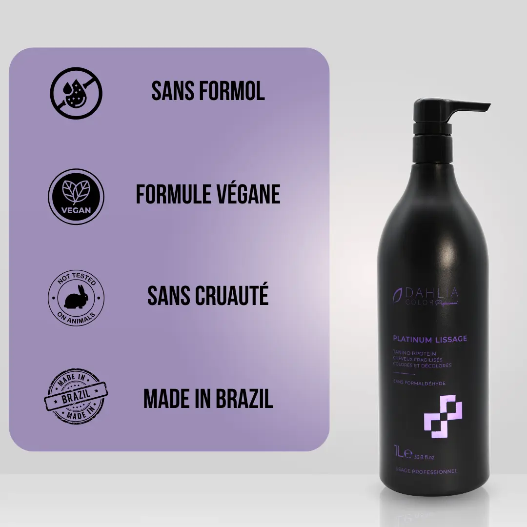 Bouteille noire de Platinium Lissage Tanino Protein à côté d'icônes et d'un texte en français pour végétalien, sans cruauté, sans formaldéhyde, fabriqué au Brésil. Un produit de coiffure professionnel abordable avec un excellent rapport qualité/prix. Dahlia Color Professionnel