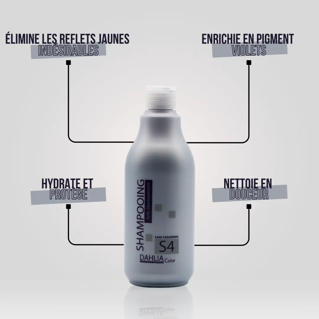Shampoing Anti-Jaunissement S4 bouteille avec texte en français, mettant en avant ses pigments violets, son action hydratante et anti-jaunissement—un produit coiffant professionnel abordable au rapport qualité/prix excellent. Dahlia Color Professionnel
