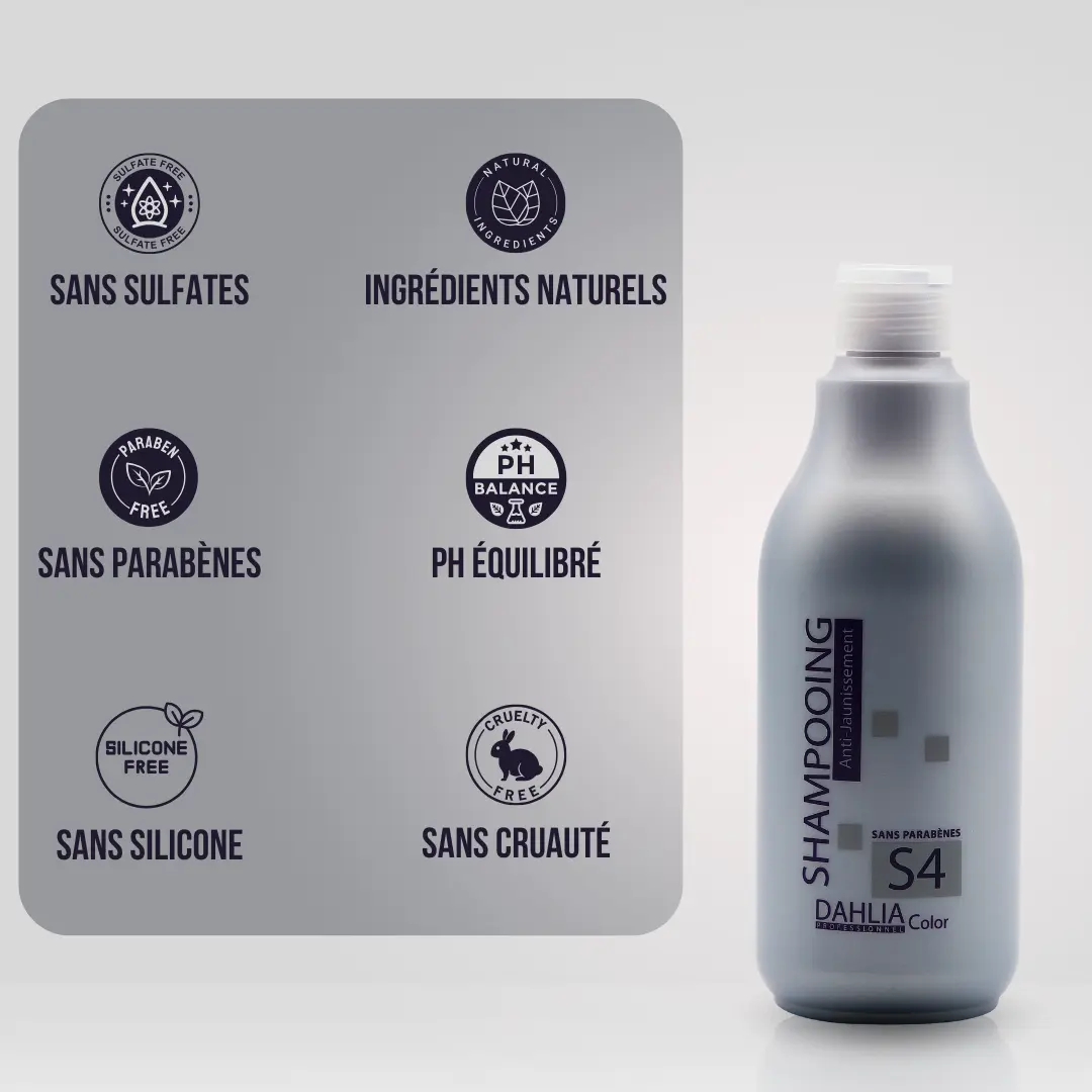 Flacon de shampoing gris étiqueté « Shampoing Anti-Jaunissement S4 » à côté d'icônes : sans sulfate, naturel, sans paraben, pH équilibré, sans silicone, sans cruauté envers les animaux — un produit de coiffure professionnel abordable à un excellent rapport qualité/prix. Dahlia Color Professionnel