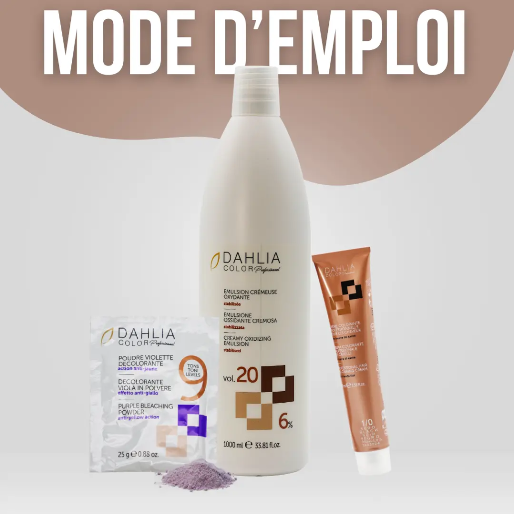 Un flacon, un tube et un sachet de Crème Oxydante 1 Litre produit de coiffure professionnel pas cher sont présentés sous le texte « MODE D’EMPLOI » sur fond clair. Dahlia Color Professionnel