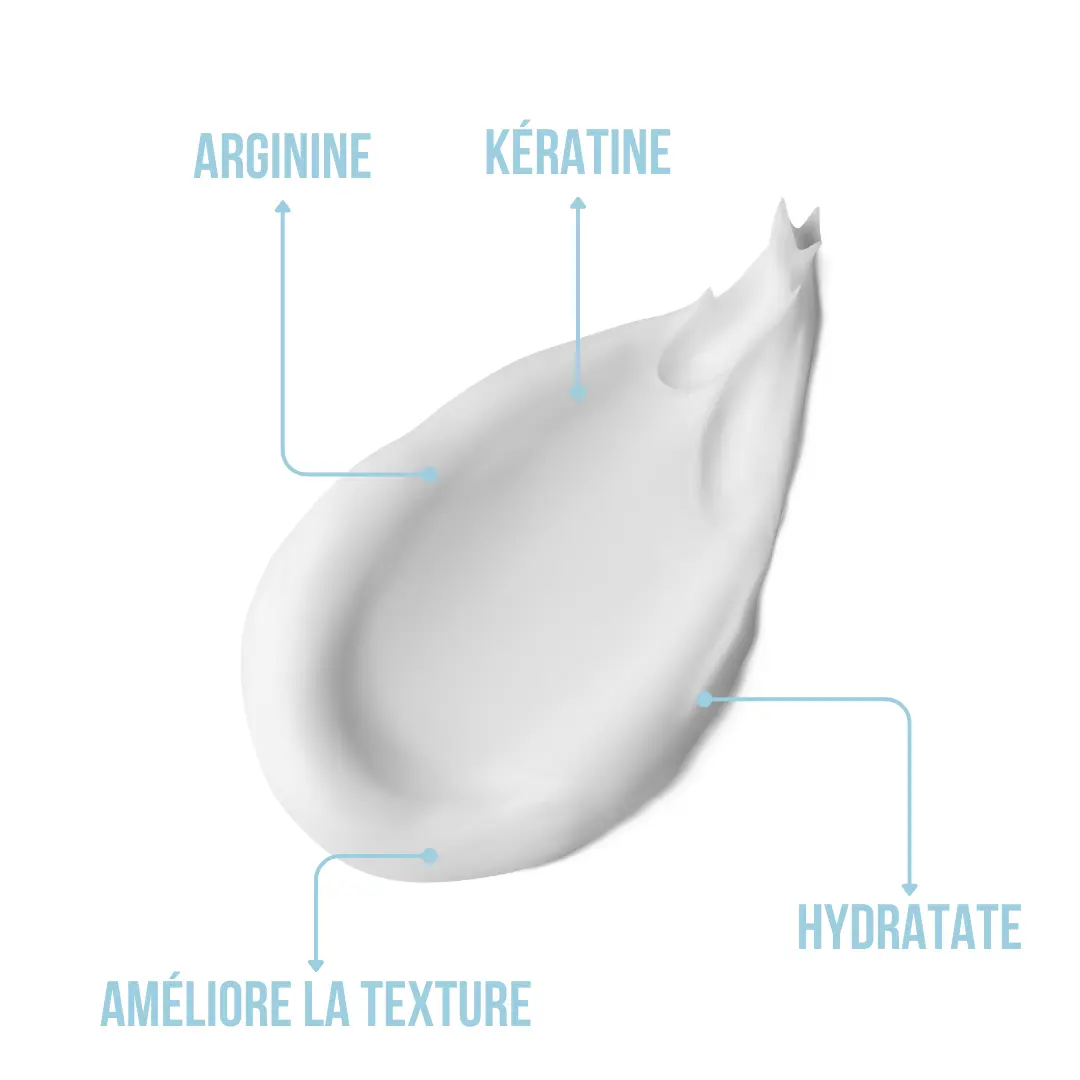 Une cuillerée de crème blanche étiquetée Masque à l'Arginine et Kératine C2 avec les termes français : arginine, kératine, hydrater et améliorer la texture — offrant le meilleur rapport qualité/prix pour un produit de coiffure professionnel pas cher de Dahlia Color. Dahlia Color Professionnel