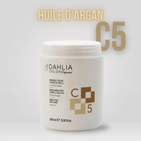 Pot blanc de masque capillaire Dahlia C5 à l'huile d'argan, étiqueté en français et en italien, sur fond clair. Dahlia Color Professionnel