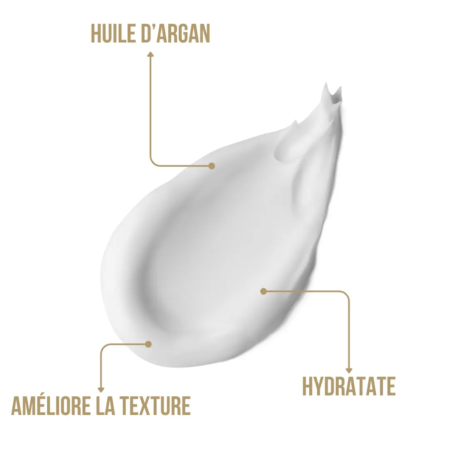 Frottis de crème blanche portant les étiquettes françaises : "Huile d'argan", "Améliore la texture" et "Hydrate". Découvrez Masque à l'Huile d'Argan C5, un soin professionnel abordable qui allie qualité et bienfaits pour vos cheveux. Dahlia Color Professionnel