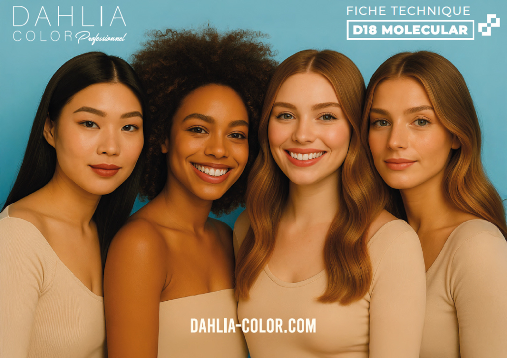 Quatre femmes d'ethnies diverses sourient en hauts beiges sur fond bleu alors qu'elles présentent Mist Pro D18 Régénération Moléculaire 150 ml. Dahlia Color Professionnel