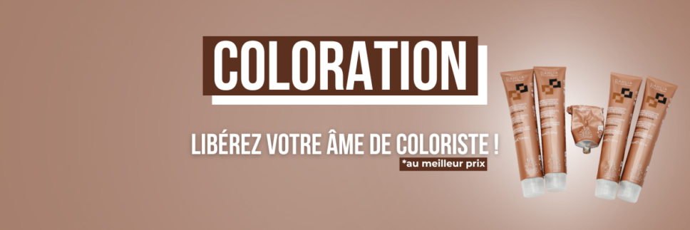 bannières-Coloration Tubes de produits de coloration capillaire sur fond marron avec texte français faisant la promotion de la coloration capillaire. Dahlia Color Professionnel