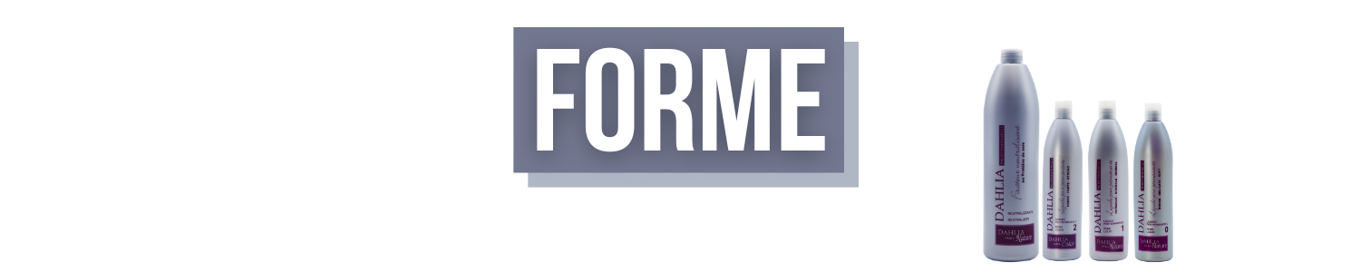Quatre bouteilles de produits capillaires sont présentées à côté d'une grande étiquette « FORME » sur un fond gris. Dahlia Color Professionnel