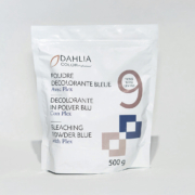 Sachet de 500g de Dahlia Color - Poudre Décolorante Plex 9tons, emballage blanc avec étiquetage multilingue. Dahlia Color Professionnel