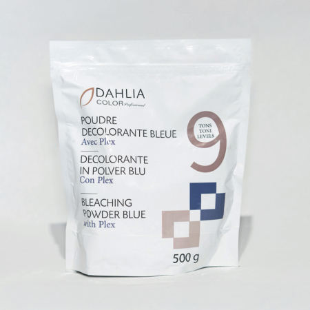 Sachet de 500g de Dahlia Color - Poudre Décolorante Plex 9tons, emballage blanc avec étiquetage multilingue. Dahlia Color Professionnel
