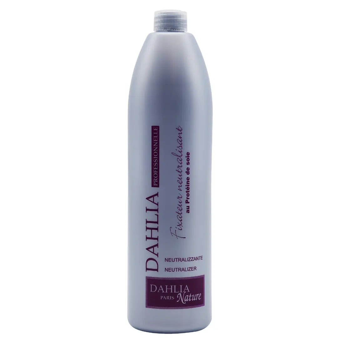 Flacon argenté de produit capillaire Fixateur neutralisant 1000 ml avec texte violet sur fond blanc. Dahlia Color Professionnel