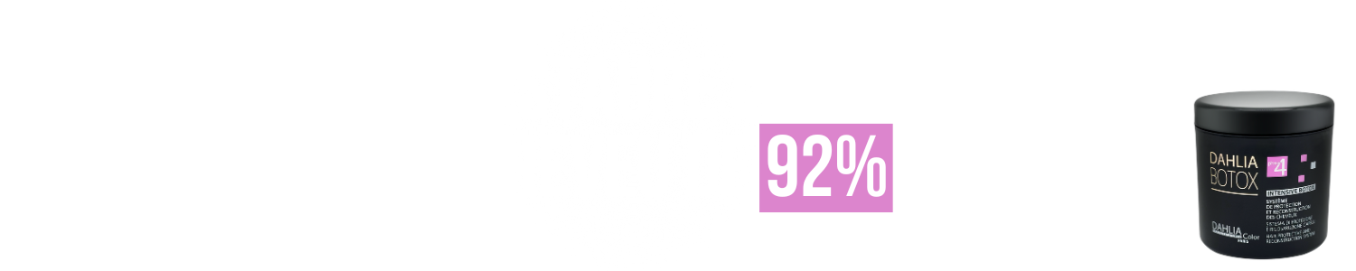 Pot noir de produit capillaire avec le texte « 92 % » en rose et blanc à côté sur un fond blanc. Dahlia Color Professionnel
