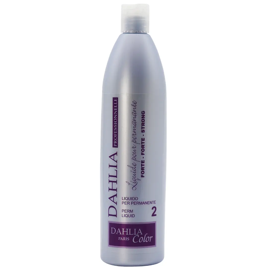 Flacon argenté de Liquide pour Permanente forte P2, 500 ml, avec étiquette violette et blanche — un produit de coiffure professionnel pas cher qui offre un excellent rapport qualité/prix. Dahlia Color Professionnel