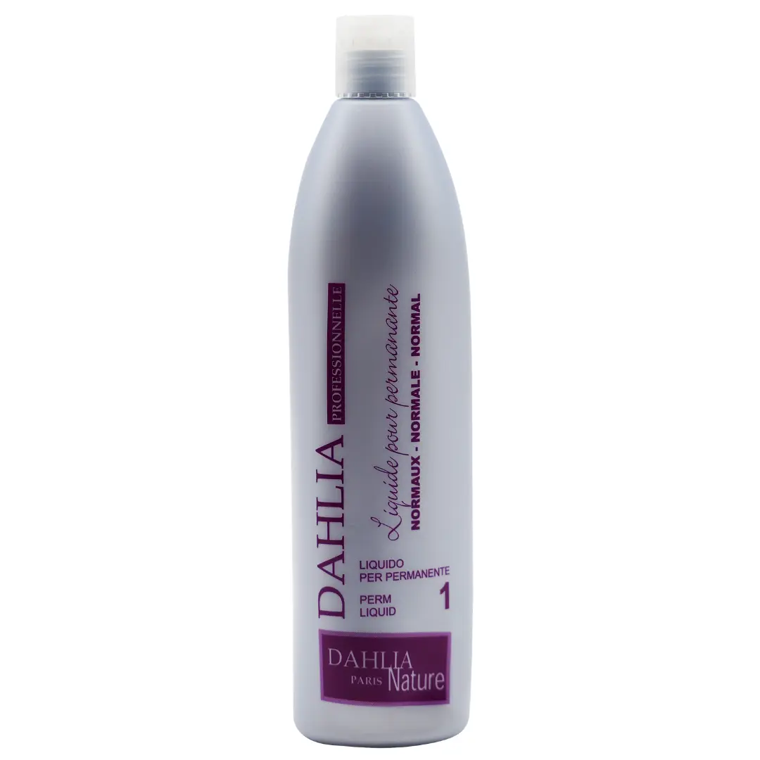 Flacon argenté de Liquide pour Permanente Normal P1 500 ml, conçu pour cheveux normaux avec étiquetage violet et blanc. Ce produit professionnel pas cher offre un excellent rapport qualité/prix pour des cheveux sublimes. Dahlia Color Professionnel