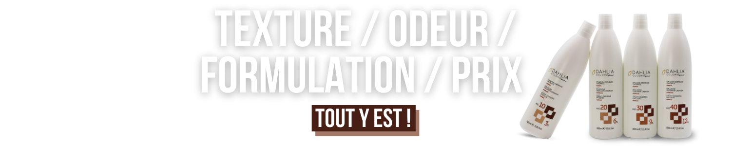 Quatre bouteilles blanches de produits capillaires à côté d'un texte français en gras sur la texture, le parfum, la formule et le prix. Dahlia Color Professionnel
