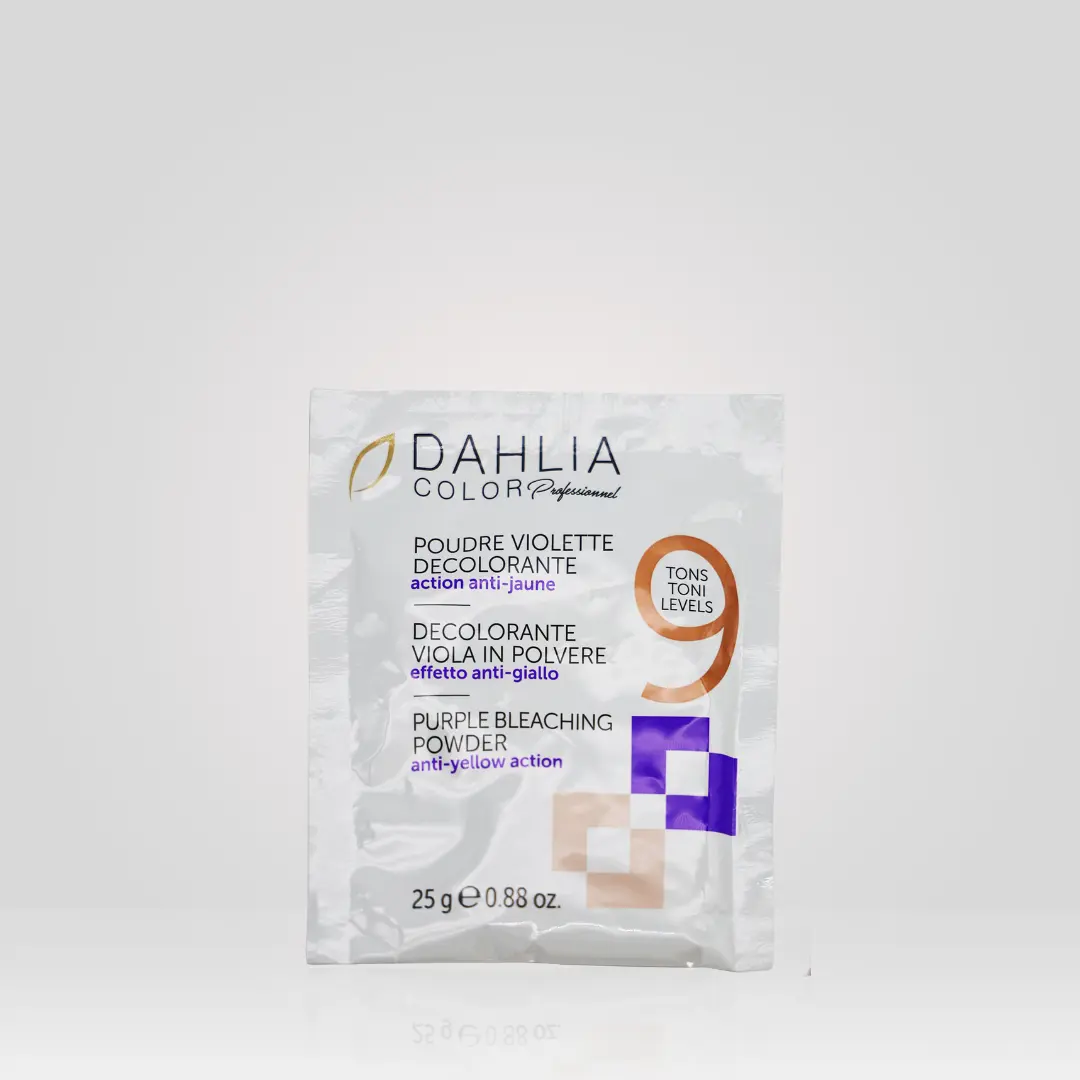 Un sachet de Poudre Décolorante Violette 25g, pour une action anti-jaune—un excellent choix qualité/prix parmi les produits de coiffure professionnels pas chers. Dahlia Color Professionnel