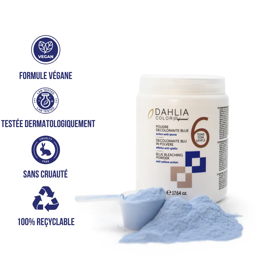 Poudre Décolorante bleue 6 Tons 500g avec doseur, entourée d'icônes vegan, cruelty-free, recyclable et testée dermatologiquement—un excellent rapport qualité/prix pour un produit de coiffure professionnel abordable. Dahlia Color Professionnel