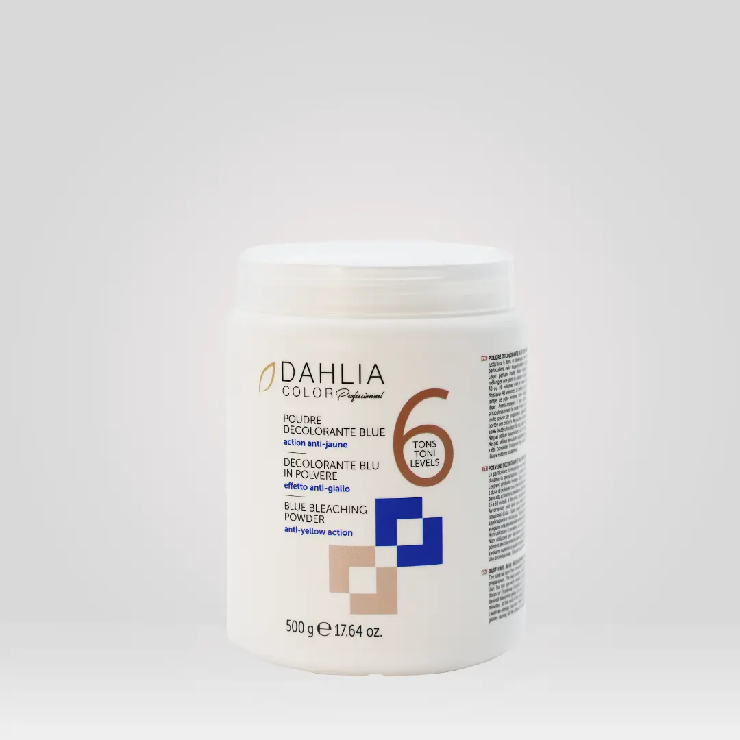 Contenant blanc de Poudre Décolorante bleue 6 Tons 500g, orné de textes et de motifs géométriques — un produit de coiffure professionnel pas cher offrant un excellent rapport qualité/prix. Dahlia Color Professionnel