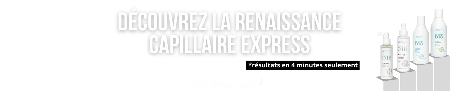 Flacons de produits de soins capillaires avec texte français : "Découvrez la Renaissance Capillaire Express. Dahlia Color Professionnel