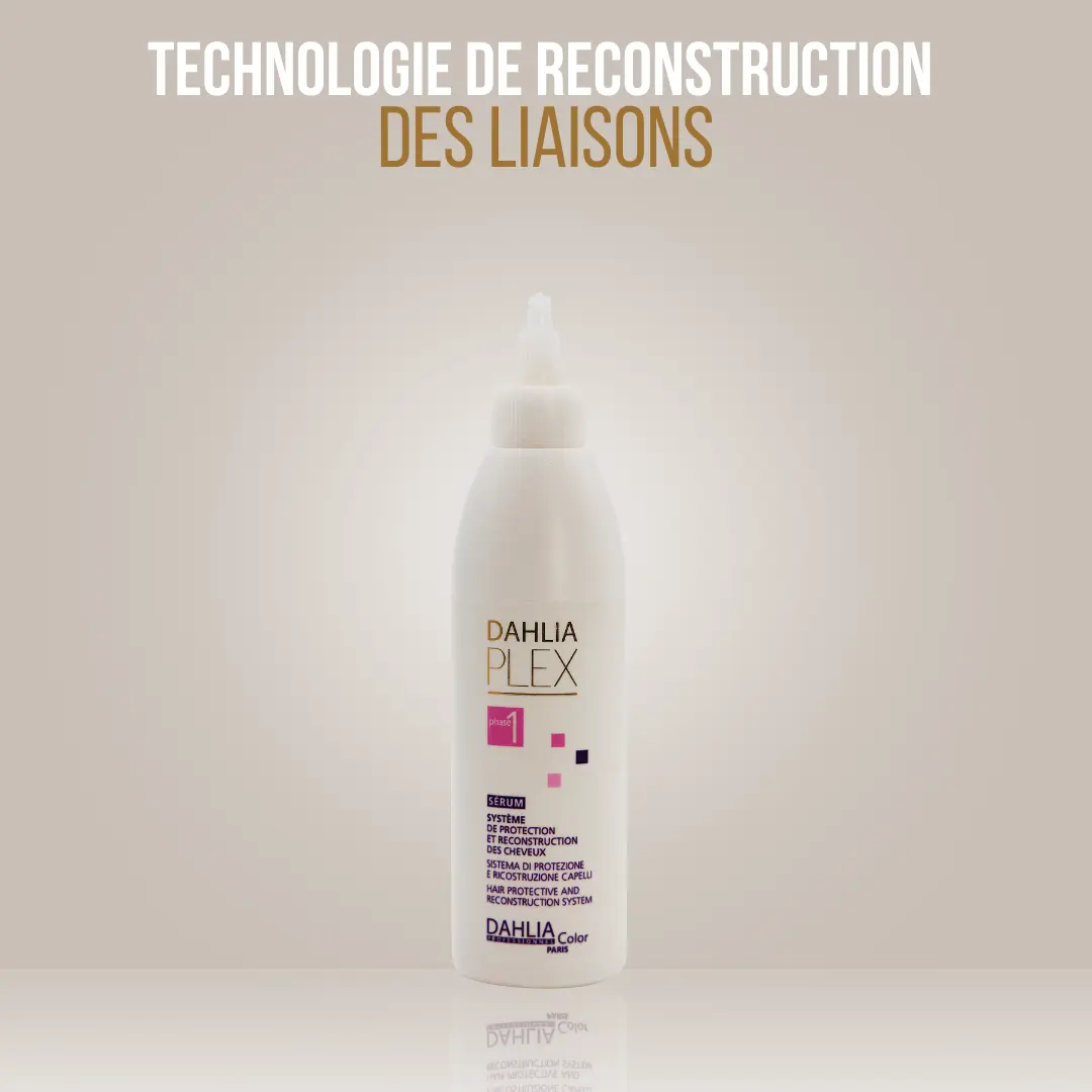 Un flacon blanc de Sérum Plex Phase 1 (250 ml) avec un texte en français repose sur un fond dégradé beige — un excellent choix qualité/prix pour tous ceux qui recherchent un produit de coiffure professionnel pas cher. Dahlia Color Professionnel