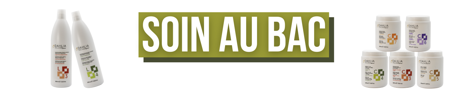 Deux flacons et six pots de produits de soins capillaires L'Oréal avec le texte "SOIN AU BAC" au centre. Dahlia Color Professionnel