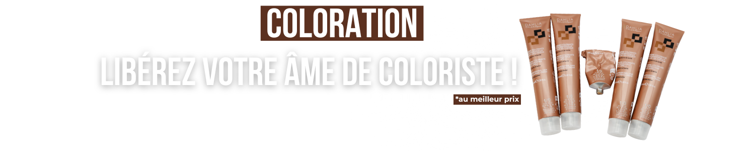 Quatre tubes de produits de coloration pour cheveux bruns avec le texte français : « Libérez votre âme de coloriste ! ». Dahlia Color Professionnel
